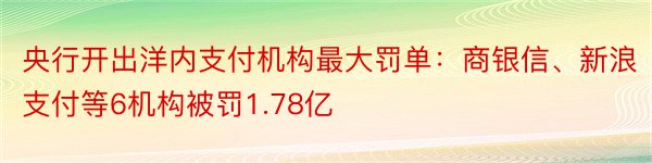 央行开出洋内支付机构最大罚单：商银信、新浪支付等6机构被罚1.78亿